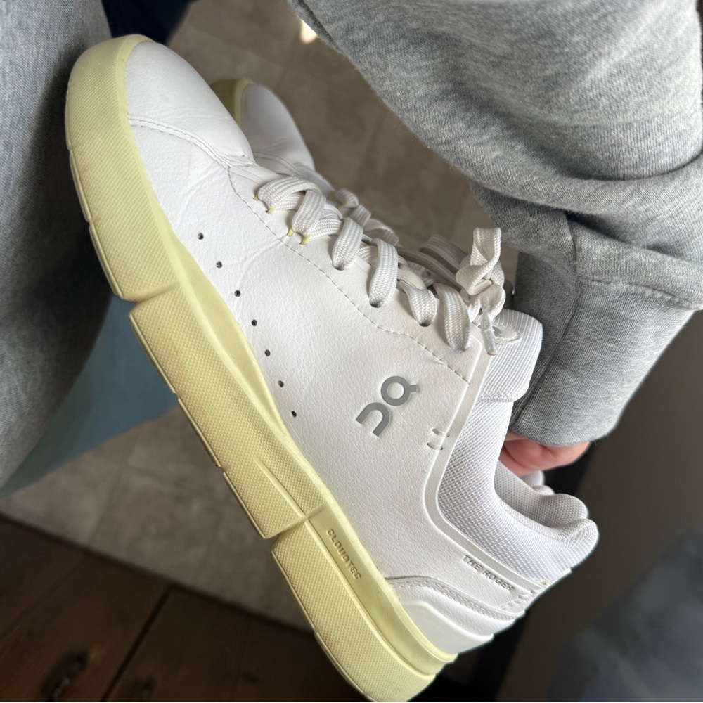 On Cloud Women's White Sneakers with Pale Yellow Sole